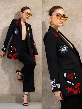 Black Embroidered Graphic Blazer - Women's Jacket